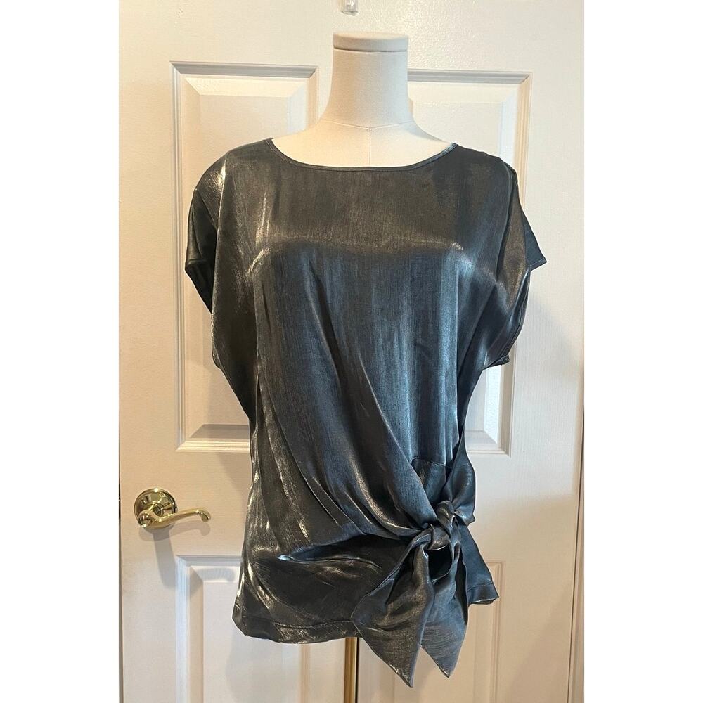 NWT Max Studio Side Tie Satin Top in Metallic Silver Shimmer Size M